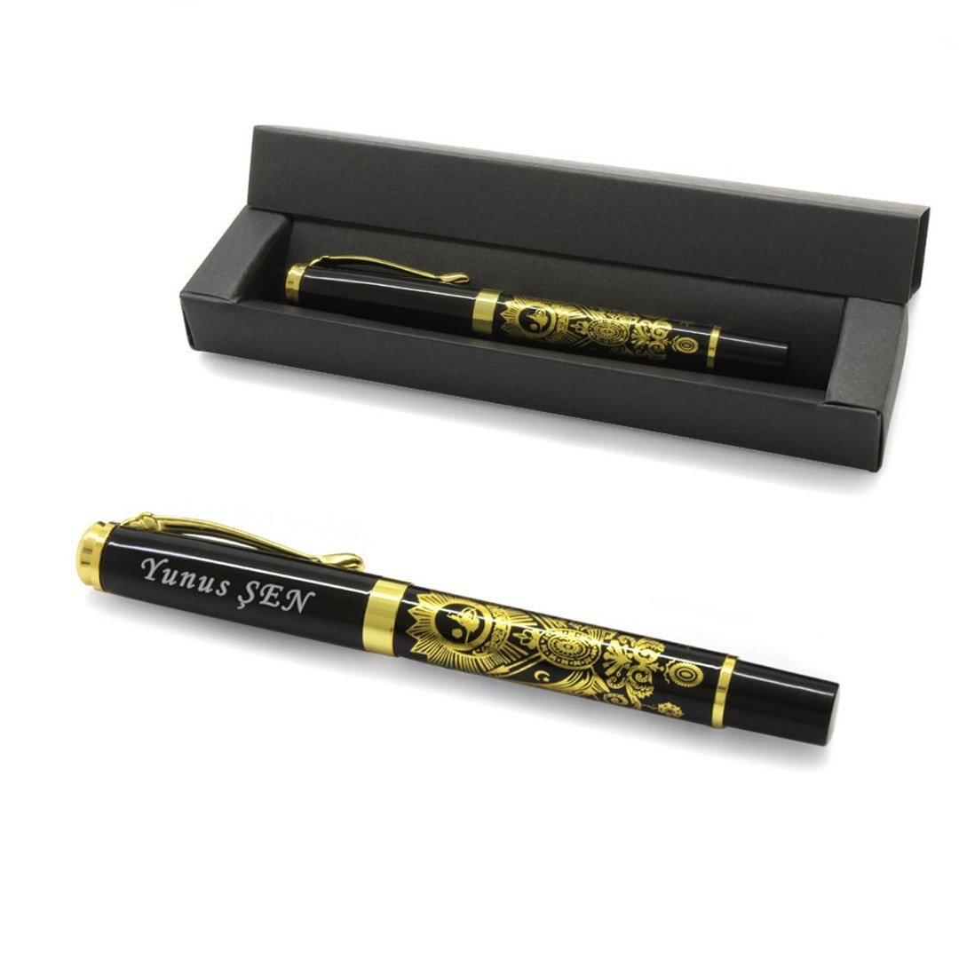 Kişiye Özel İsim Yazılı Sarı-Siyah Renk Arma Desenli Roller Tükenmez Kalem