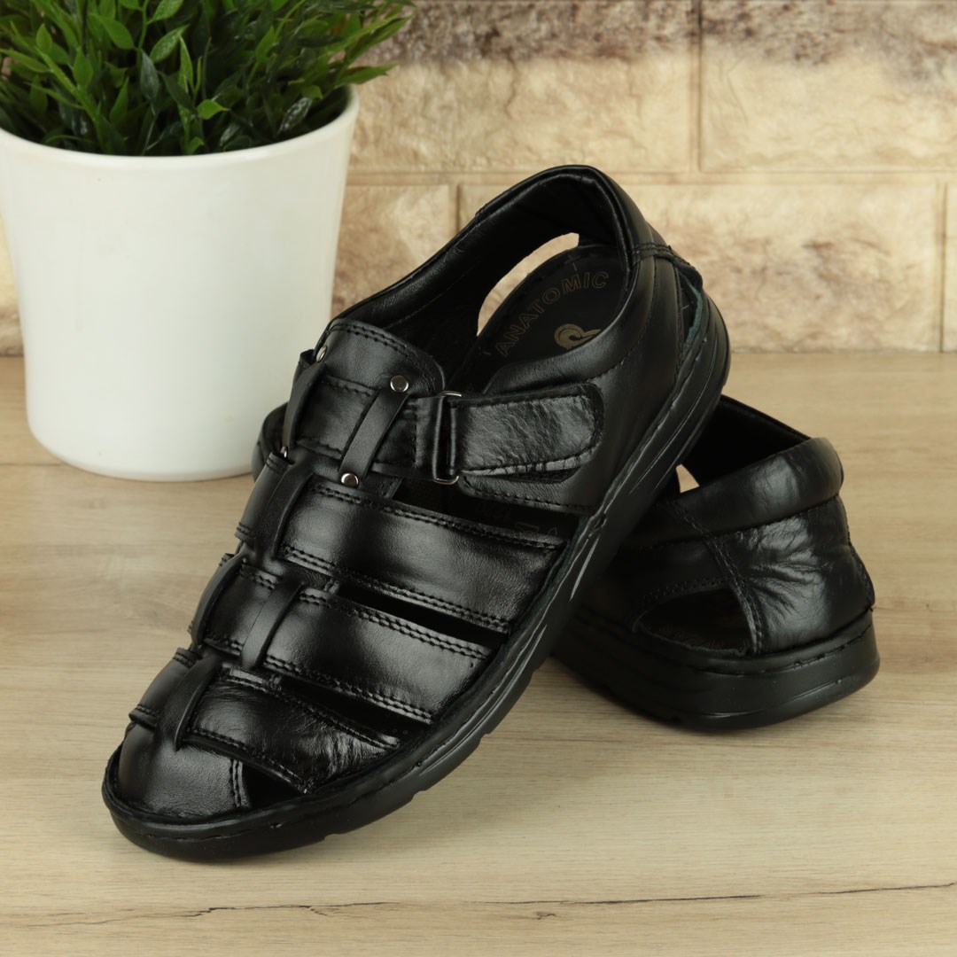 Siyah İç-Dış Hakiki Deri Erkek Sandalet